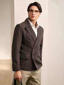 RONVEXI 男士条纹印花双排扣商务长袖西装外套 - 棕色 - 查看 1