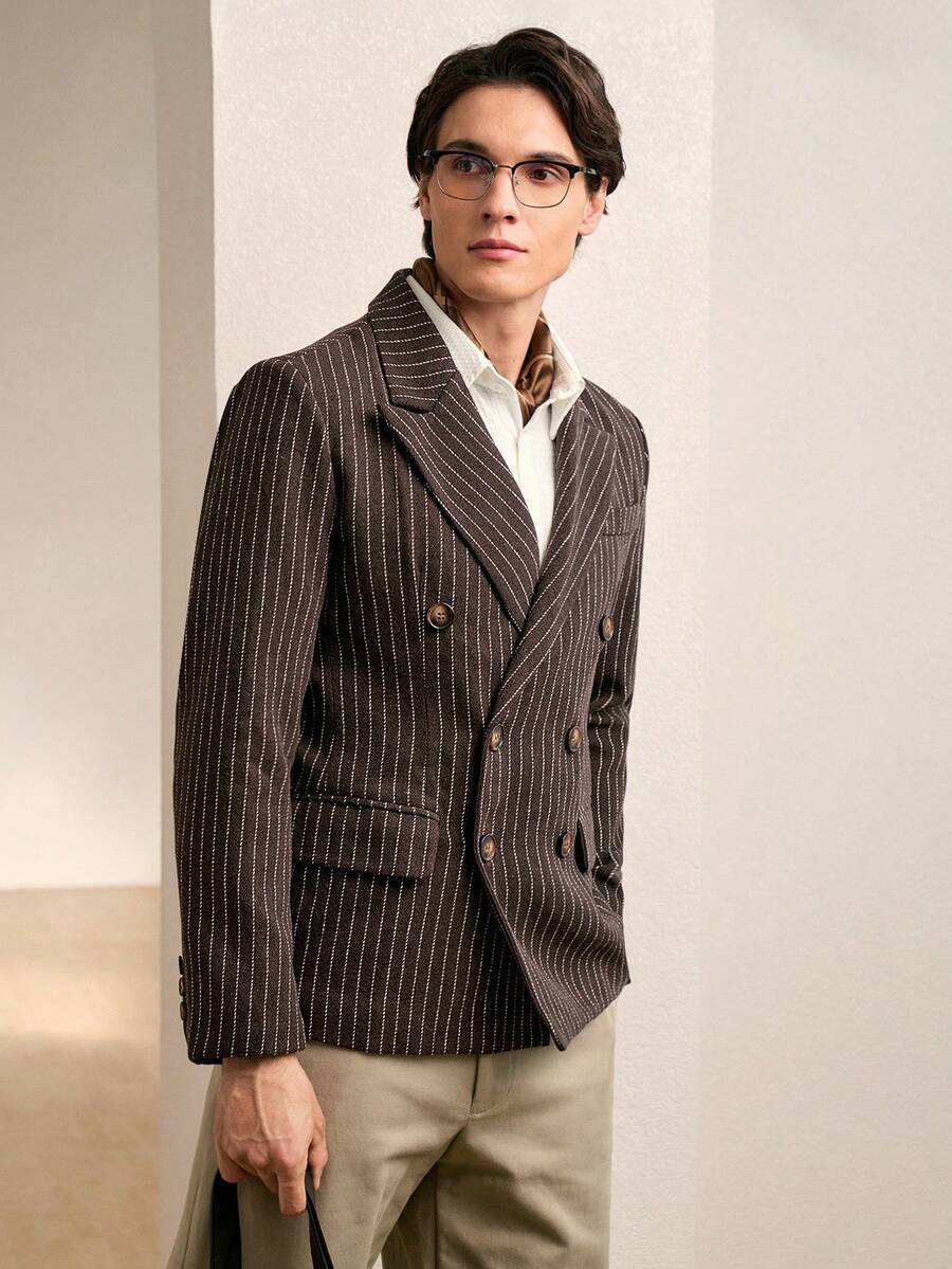 RONVEXI 男士条纹印花双排扣商务长袖西装外套 - 棕色 - 查看 1