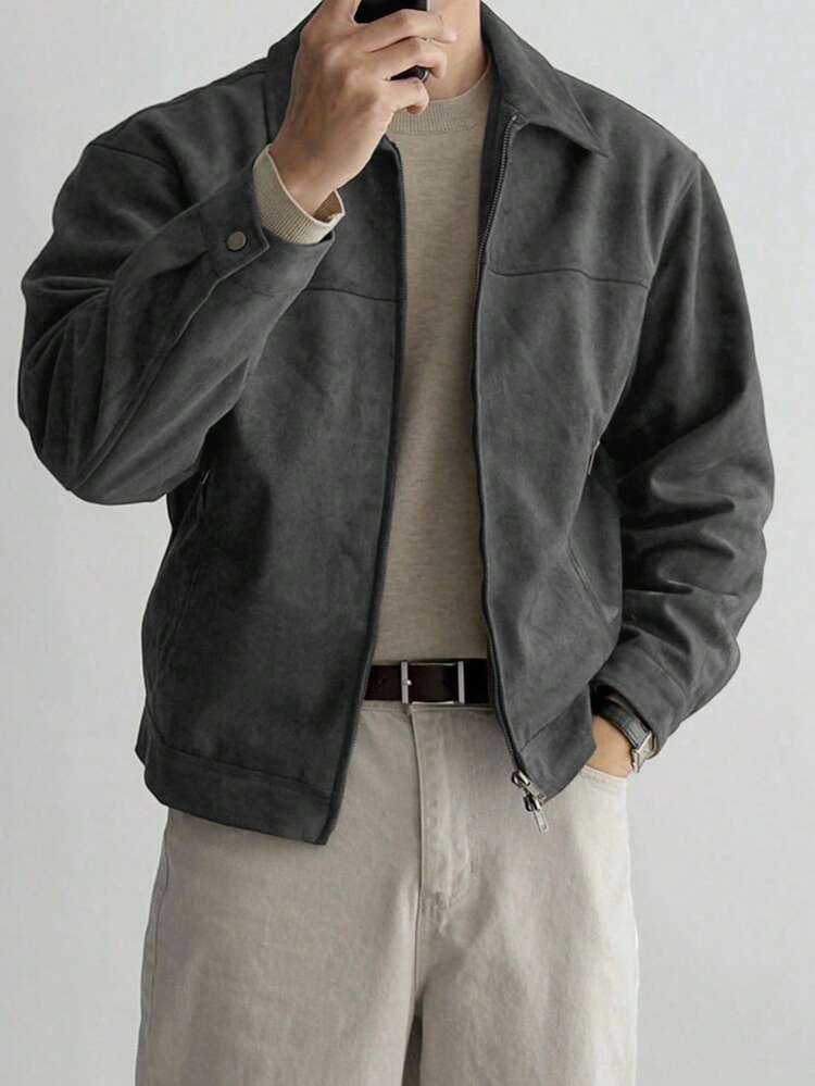 Men's Plain Gray Suede Fleece Jacket And Coat, Autumn/Winter