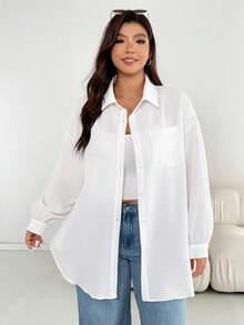 Shapeblank Plus Size Women's Apple-Shaped Body Casual Drop Shoulder Loose Blouse, Spring Autumn, Fall/Winter Vacation, Beach Outfit, Airport Outfits, White Blouse, Winter Outfits For Women, Casual Blouses For Ladies, Winter Clothes For Women - White - View 5