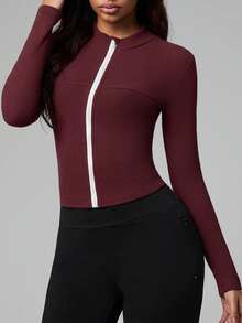 Dewbera Women's Elegant White Autumn Modest Gym Workout Zip-Up Contrast Color Stand Collar Long Sleeve Fitted Yoga Sports Jacket Spandex Cropped Tight Shirt - Burgundy - View 3