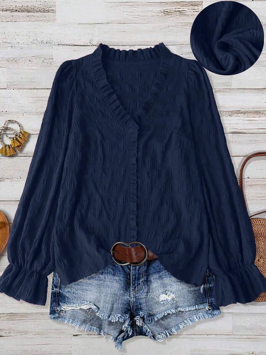 SHEIN LUNE CURVE Áo thun tay dài dáng rộng cổ chữ V họa tiết màu trơn cỡ lớn dành cho nữ, chất liệu vải mềm mại và thoải mái, thích hợp mặc hàng ngày - Màu xanh hải quân - Xem 1
