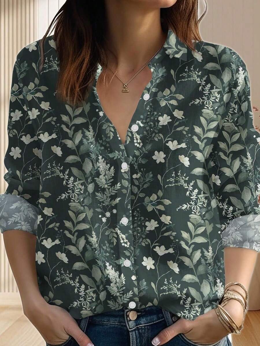 EMERY ROSE 复古花卉亚麻衬衫、热爱自然的衬衫、园艺休闲上衣、女士花叶纽扣衬衫、夏季礼物 - 彩色 - 查看 1