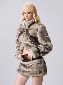 ROMWE EDITION Y2K Vintage Ultra Low Waist Faux Fur Patchwork Distressed PU Mini Skirt For Women - Khaki - View 7