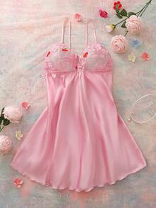Camisón sexy con bloqueo de color y bordado de cereza para mujeres - Rosa - Ver 3