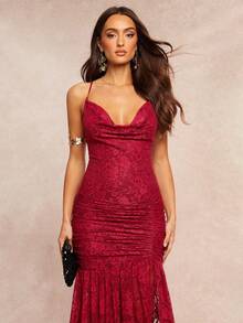 Silquee 浪漫深V领性感蕾丝吊带不对称荷叶边A字开衩长裙，适合情人节、圣诞节、约会/外出/夜店派对/聚会、优雅派对/日常约会、鸡尾酒会、派对/约会/宴会等场合，情人节和夜晚外出，姐妹聚会礼服 - 酒紅色 - 查看 3