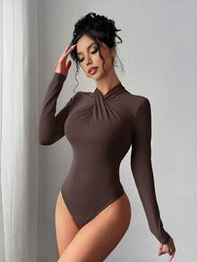 Firerie Bodysuit Kerah Ruffle Merah yang Elegan, Modern & Seksi, Serbaguna untuk Kasual, di Rumah & Berjejaring, Musim Gugur/Dingin, Pakaian Musim Gugur untuk Wanita - Coffee Brown - View 4