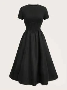 SHEIN Tall Casual Black Solid Color Fishbone Tape Decor Short Sleeve Mid-Length Dress, Tall Version Extended Length