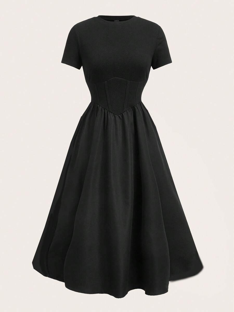 SHEIN Tall Casual Black Solid Color Fishbone Tape Decor Short Sleeve Mid-Length Dress, Tall Version Extended Length