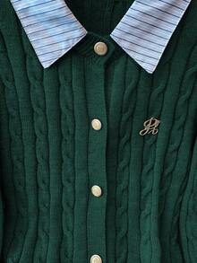 Franclia 时尚博主风二合一拼布针织短款开衫，欧美风 - 墨綠色 - 查看 8