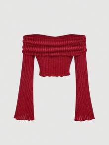 SHEIN MOD 女式纯色时尚前系带露肩喇叭袖上衣 - 紅色 - 查看 2