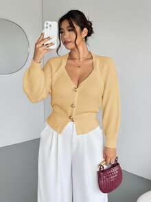 Firerie Plus Size Solid Color Front Button Long Sleeve Casual Knit Cardigan In Fall/Winter - Yellow - View 8