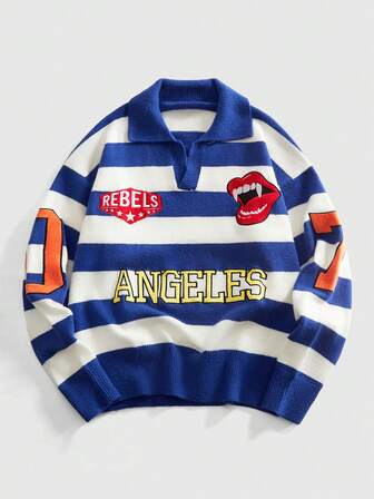 Street Life Men's Preppy Embroidered Collar Street Style Knit Sweater