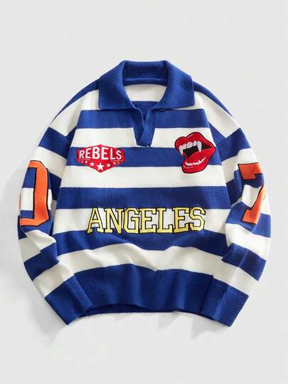 Street Life Suéter de punto con cuello bordado de estilo callejero para hombres