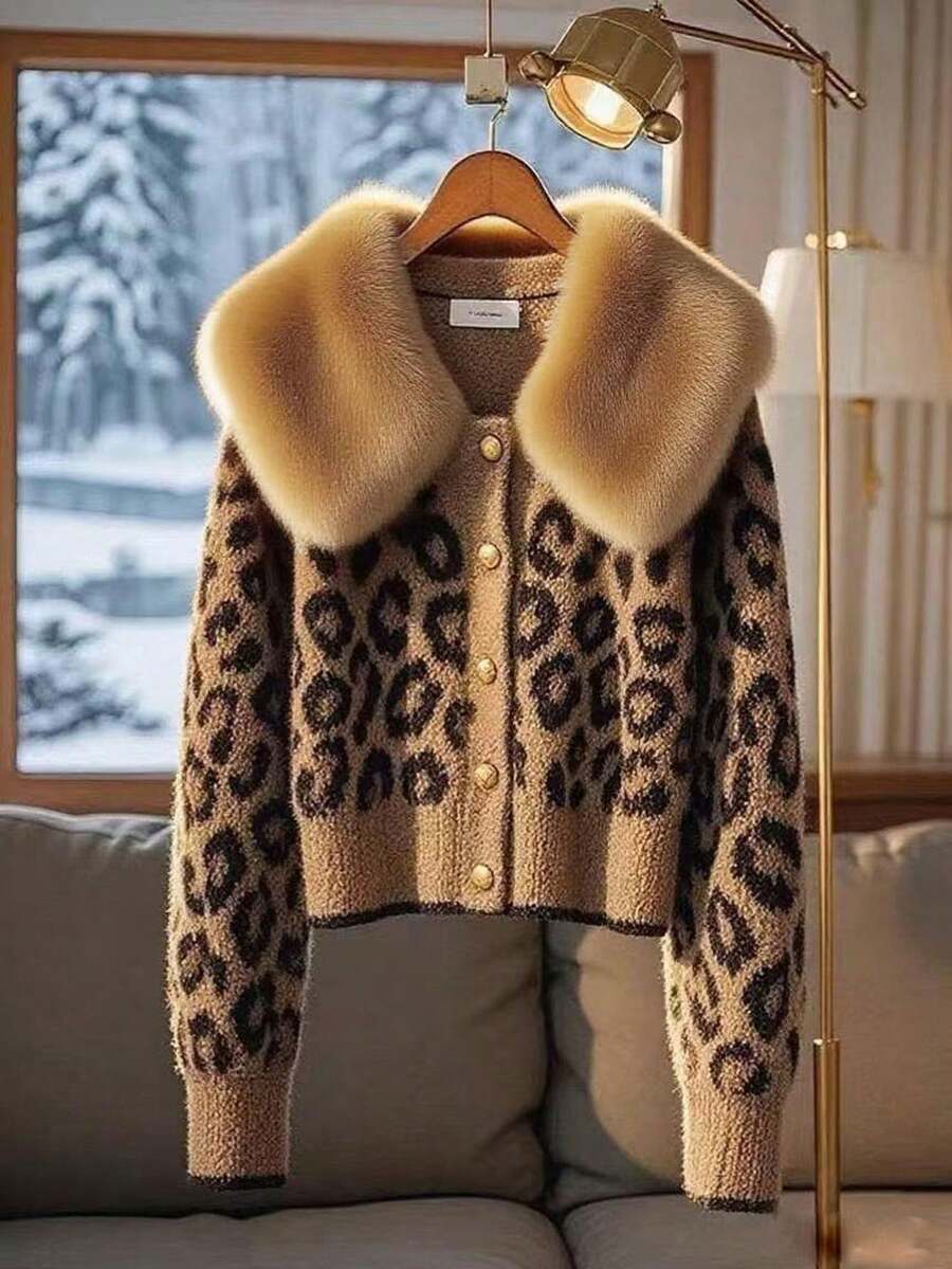 Franclia 新款秋冬欧美风豹纹毛领街头时尚女士开衫毛衣 - 棕色 - 查看 1