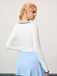 CourtClass 女式字母条纹长袖短款运动 Polo 衫 - 白色 - 查看 2