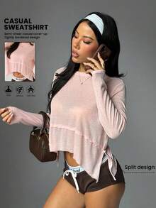 Sovereign Charm قميص يوجا بأكمام طويلة بياقة طاقم مطرز للنساء