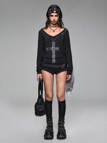 ROMWE Grunge Punk Y2K 朋克铆钉十字 V 领蝙蝠袖宽松女士 T 恤 - 黑色 - 查看 2
