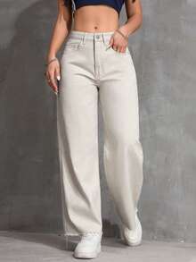 SHEIN ICON Solid Color Pocket Casual Versatile Wide Leg Jeans - Khaki - View 6