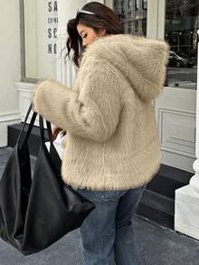 Easura Plus Size Solid Color Short Warm Faux Fur Hooded Jacket, Winter - Khaki - View 2
