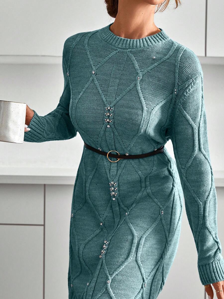 EURMUSE Women Sweater Dress With Cable Knit Grey - Mint Green - View 1