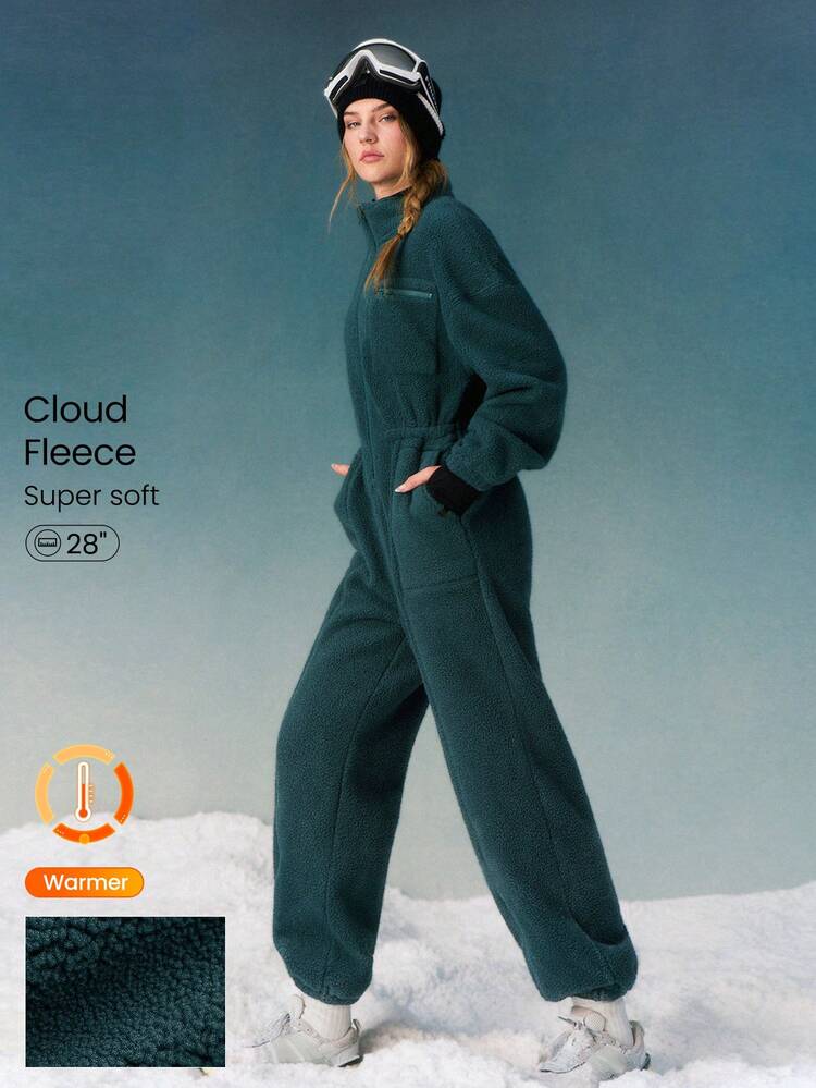 Tuta intera con cerniera a metà, collezione sci, in pile soffice, tasche comode, vita elastica, vestibilità morbida, adatta per l'autunno/inverno, per uso quotidiano e attività all'aperto