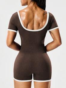 Seamluxe SHEIN Sport 女式无缝短袖运动连体裤，色块 - 棕色 - 查看 4