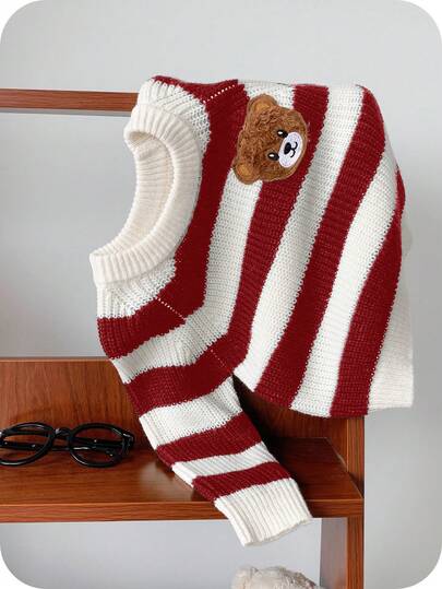 SHEIN Baby/Toddler Unisex Black & White Striped Knit Sweater With Cute 3D Bear Graphic, Soft, Comfortable, Versatile For Indoor, Outdoor, Daily Wear, Sports, Play, Party, Photo Shoot, Holiday, Back To School, Streetwear, Halloween, Autumn/Winter