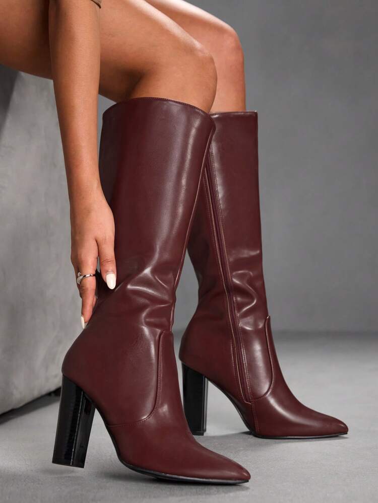 CUCCOO SZL Elegant High-Quality Sexy Burgundy High Boots, Pointed Toe Chunky Heel Stylish Women's Boots, Fashionable Versatile New Long Boots, Showcasing Feminine Charm And Elegant
