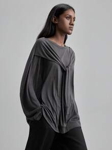 Ontre Women's Casual Solid Color Bow Decor Loose Long Sleeve Top T-Shirt, Suitable For Urban Commute, Business Casual, Office Wear, Teacher Outfit, Wedding Guest Attire, Elegant Basic Outerwear Gray Top Athleisure Wear Oversized Sweatshirt Woman Grey Tops For Women Baggy Shirts For Women Low-Key And Durable Basic Style, All-Match And Suitable For Everyone, Street Fashion Wear, Coffee Shop Wear, Relaxed Wear All-Season