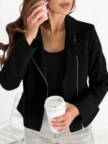 EMERY ROSE Plus Size Stylish Casual Lapel NeckZip-Up Jacket For Women - Black - View 2