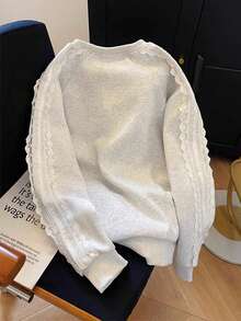 Franclia 女式休闲宽松圆领水钻蝴蝶结蕾丝拼布运动衫