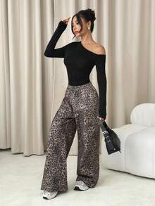 SHEIN PETITE 1pc Black Tight-Fitting One-Shoulder Long Sleeve Bodysuit, Simple & Fashionable For Casual Daily Wear - Black - View 7