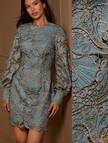 Lilora 绿色褶皱金色刺绣长袖迷你连衣裙，适合秋冬季、商务、复古、派对、度假、外出、老钱风、性感妩媚、舞会、晚宴、情人节、邮轮旅行、通勤、层次丰富、约会之夜、聚会、极简主义、生日、正式场合、伊比沙岛、纳什维尔、假期、休闲、端庄、时尚、休闲、购物、街头风、外出、性感、复古、波西米亚风、正式、2000年代风格、休闲、嬉皮、复古、老钱风格锦缎提花连衣裙灯笼袖 - 藍色 - 查看 8