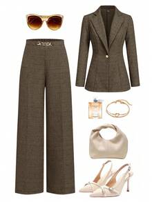 Ellevyn 女士优雅商务西装外套，百搭通勤夹克（带衬里），秋冬 - 棕色 - 查看 7