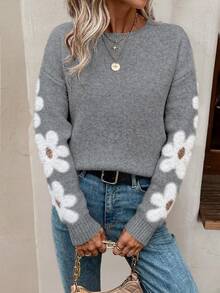 SHEIN LUNE Áo len dài tay cổ tròn hở vai họa tiết hoa thường ngày cho nữ, mùa thu/đông - Xám - Xem 6