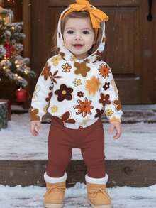 SHEIN 圣诞快乐 女婴休闲花卉印花宽松落肩连帽衫和裤子 2 件套 - 彩色 - 查看 2