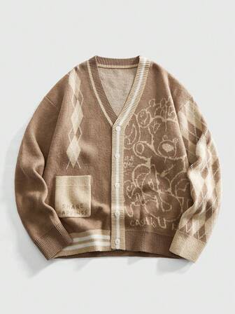 Street Life Cardigan da uomo, maglione lavorato a jacquard carino, stile college retrò