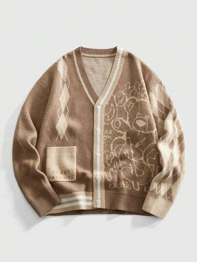 Street Life Cárdigan para hombre, suéter tejido con jacquard lindo, estilo universitario retro