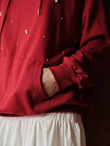 Uhlyne Women's Autumn/Winter Casual Christmas Red Basic Versatile Bubble Bead Design Flattering Christmas Pocket Hooded Drawstring Commuting Business Office Everyday Comfortable Versatile Elegant Urban Teacher Professional Attire Minimalist Office Wear Niche Luxury Elegant Clothing Series With Subtle Designs Outerwear Sweatshirt - 紅色 - 查看 8