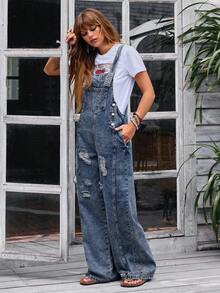 EMERY ROSE 女式休闲水洗做旧牛仔背带裤 - 藍色 - 查看 4