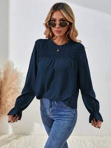 EMERY ROSE 女士纯色简约长袖衬衫，日常穿着 - 藏蓝色 - 查看 4