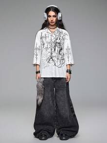 ROMWE Grunge Punk Y2K Punk Cyber Symbol Eyelet Decor Loose Women Shirt - White - View 7