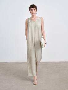 Aalyst 女式 2025 新款时尚无袖休闲连体裤 - 卡其色 - 查看 3