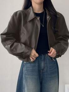 DAZY Áo khoác ngắn PU trơn màu thời trang dành cho nữ, Áo khoác da mùa thu dành cho nữ - màu nâu - Xem 3