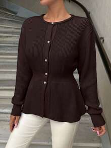 EURMUSE Knitwear Peplum Hem Cardigan With Fancy Buttons - Brown - View 3