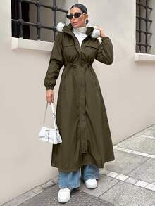 EURMUSE WOMAN BLACK OVERCOAT WITH FUR AND TEDDY LINING - Hijau Tentara - View 5