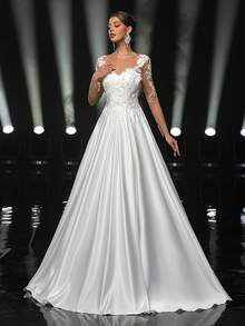 Glamrae Elegant White Spring Wedding Bridal Gown,Formal Sheer Mesh Long Sleeve Handmade Applique Lace Embroidered Satin Extra-Large A-Line Backless Dress - White - View 8