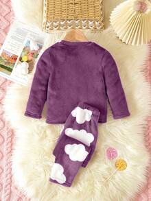 2pcs Young Girls Cloud & Eyelash Pattern Fleece Long Pants And Long Sleeve Comfortable Pajama Set - Purple - View 2