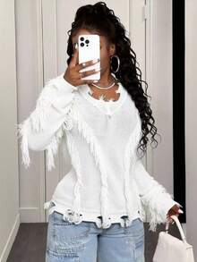 BamGleam Women's Knitted Long-Sleeved V-Neck White Tassels,Asymmetrical Notches Regular Style Autumn Punk Night Out Clothing For Casual Travel,Vacation,Party - White - View 1
